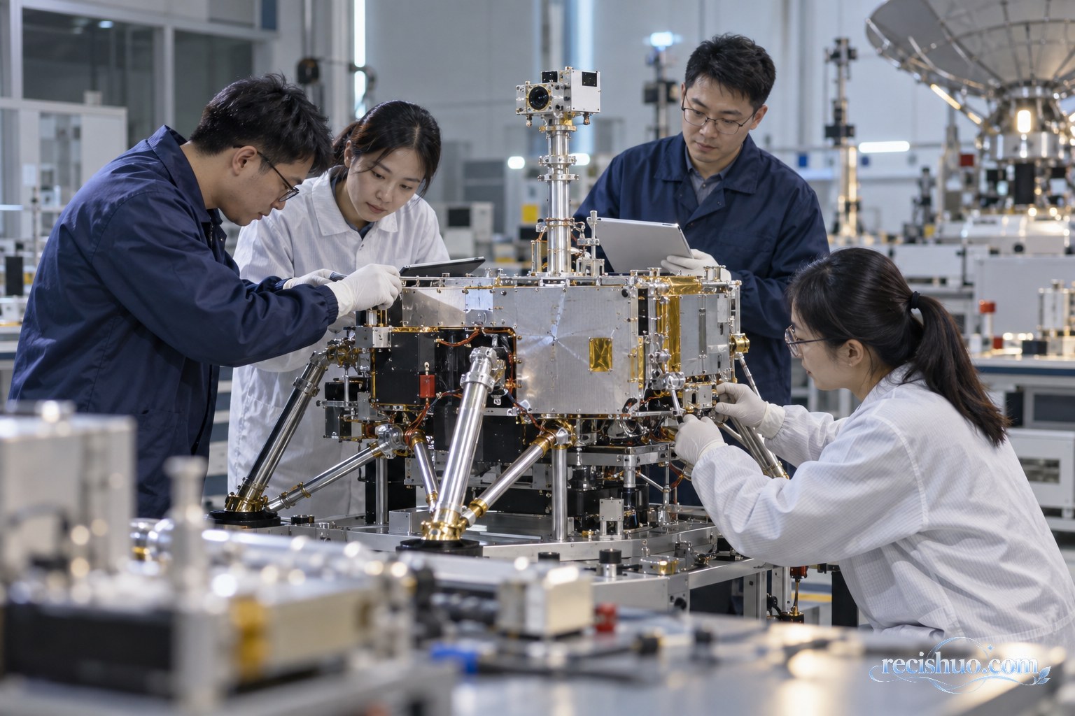 科研人员在航天实验室协作检查探测设备工程模型