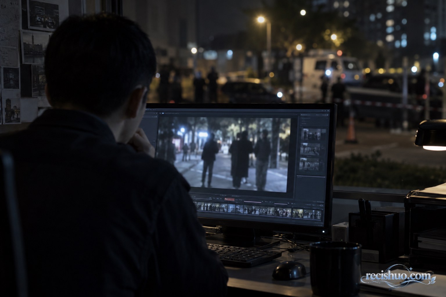 新闻编辑在夜间工作室审看模糊的执法现场视频画面