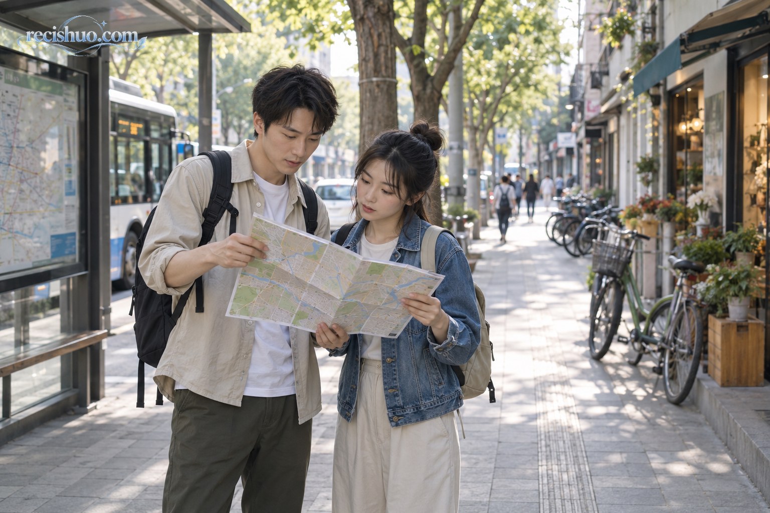 两名年轻人在城市公交站旁查看地图,准备步行探索周边街区