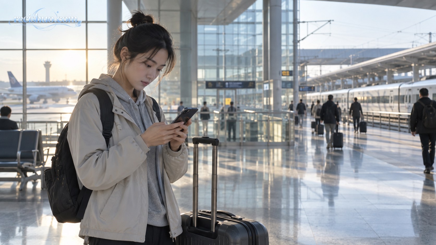 旅客在综合交通枢纽内用手机比较飞机与高铁出行方案