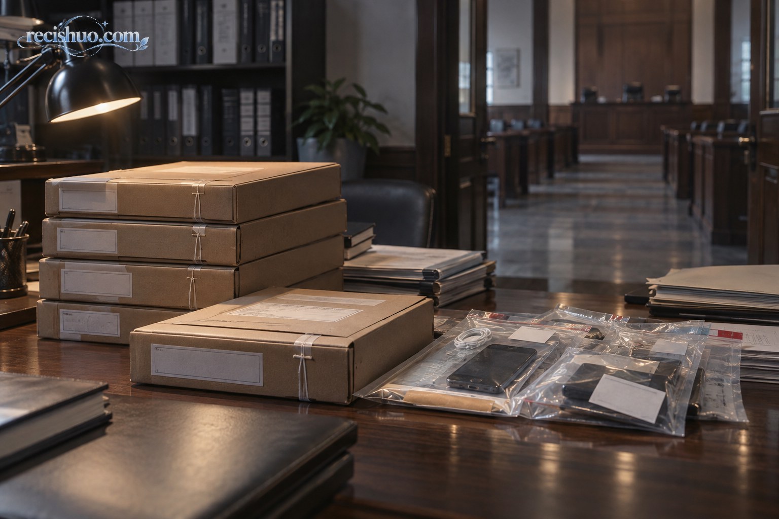司法档案阅卷室内摆放着封存案卷和电子设备证物