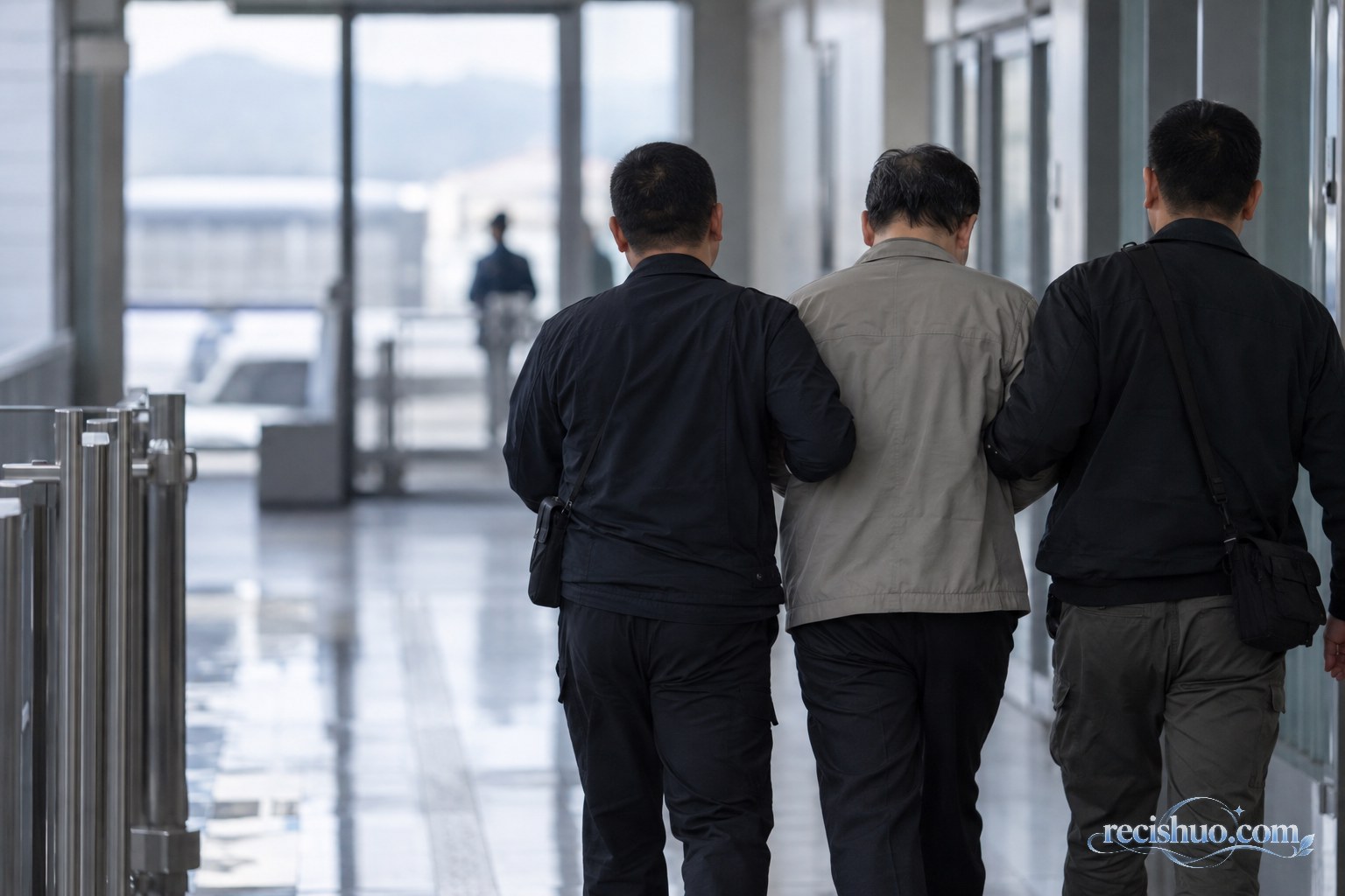 执法人员在机构走廊内押送一名身份不可辨认男子的新闻纪实场景