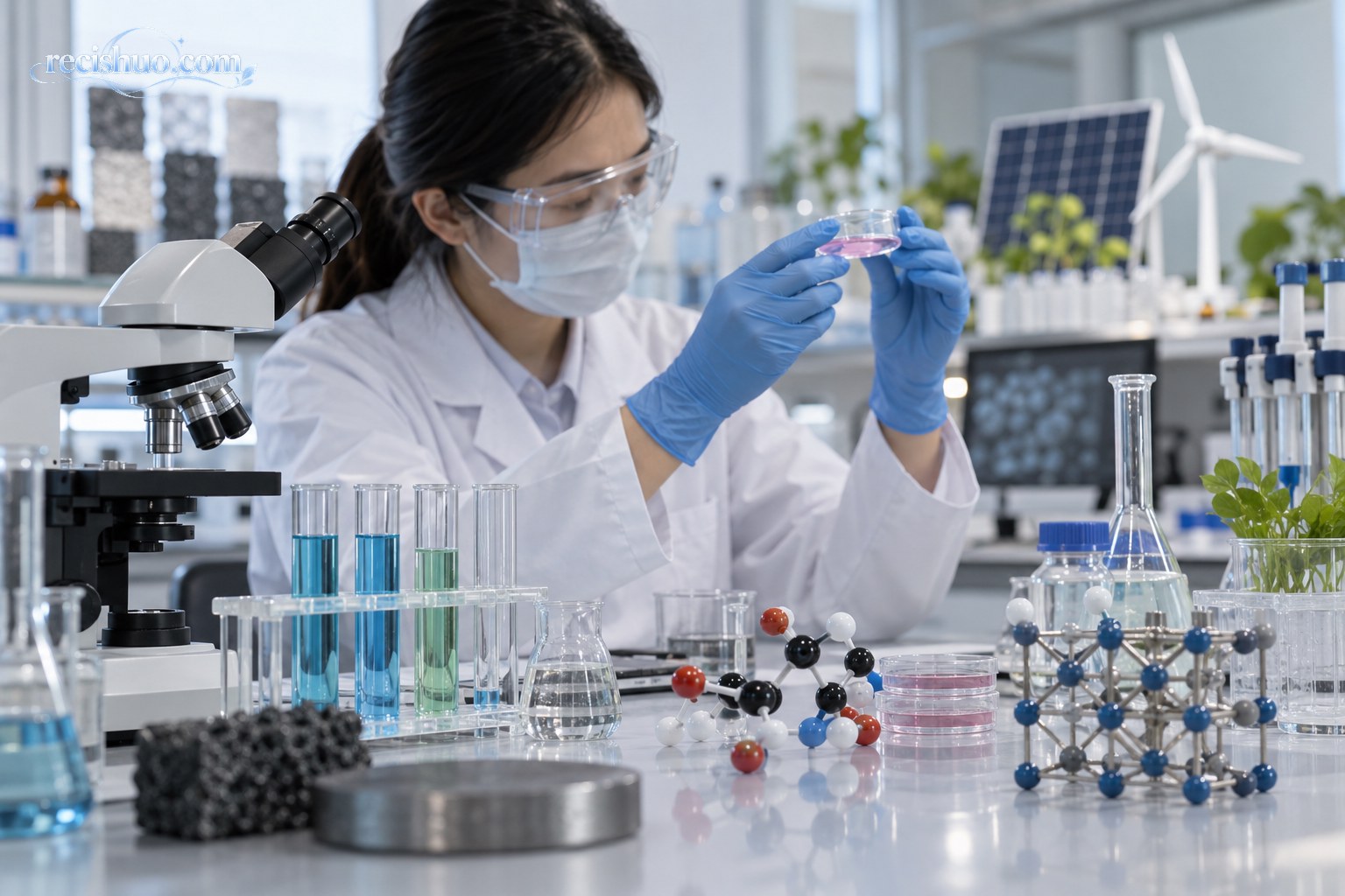 研究人员在现代实验室观察样品,周围陈列实验器皿、分子模型及材料样本
