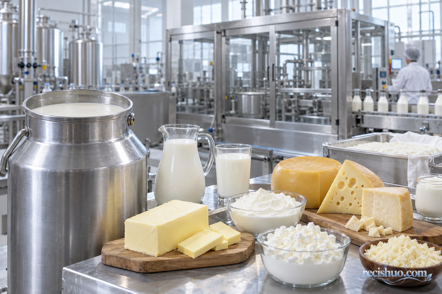 现代乳品加工车间内陈列鲜奶、黄油、奶油和多种奶酪产品