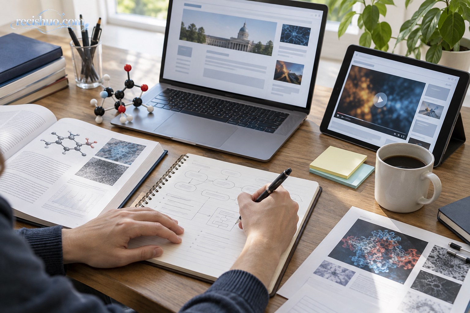 读者在电脑、化学资料与分子模型旁整理笔记并交叉核验科学新闻