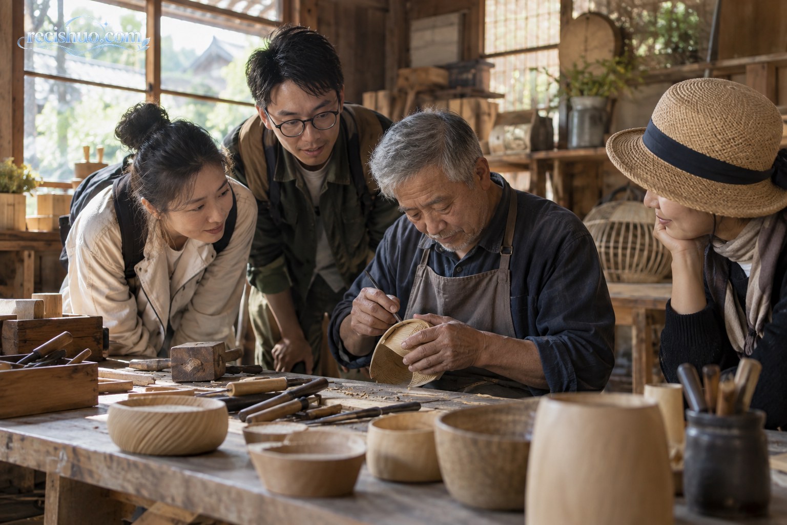 游客在乡村手工作坊里近距离观看手艺人制作木器
