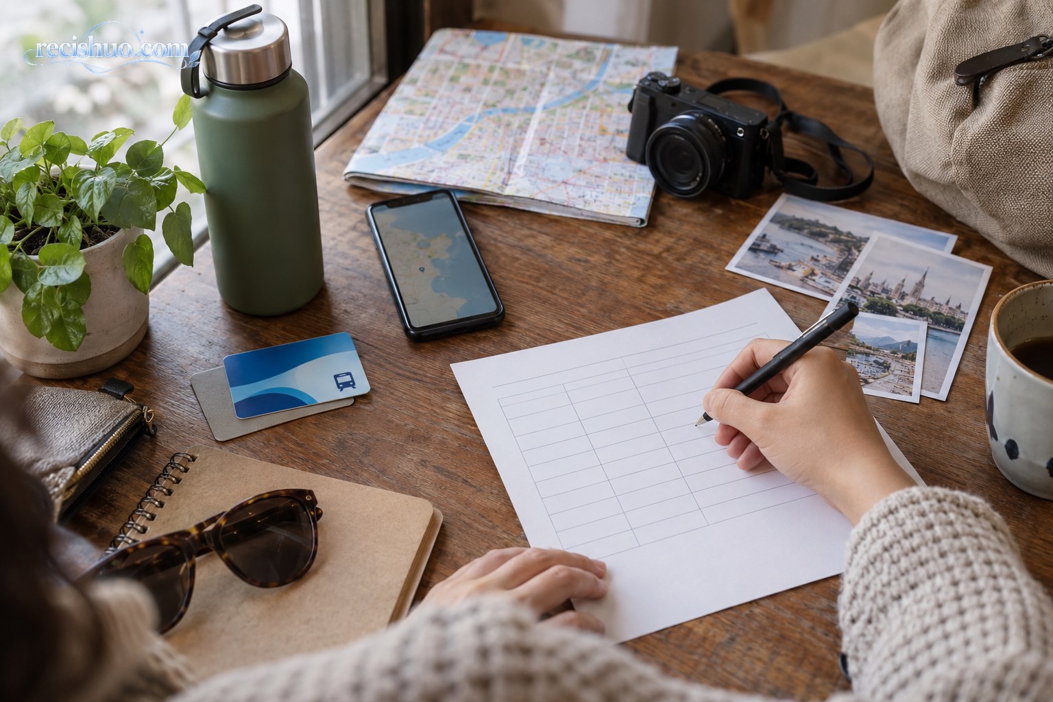 旅行者在木桌前整理地图和空白预算表