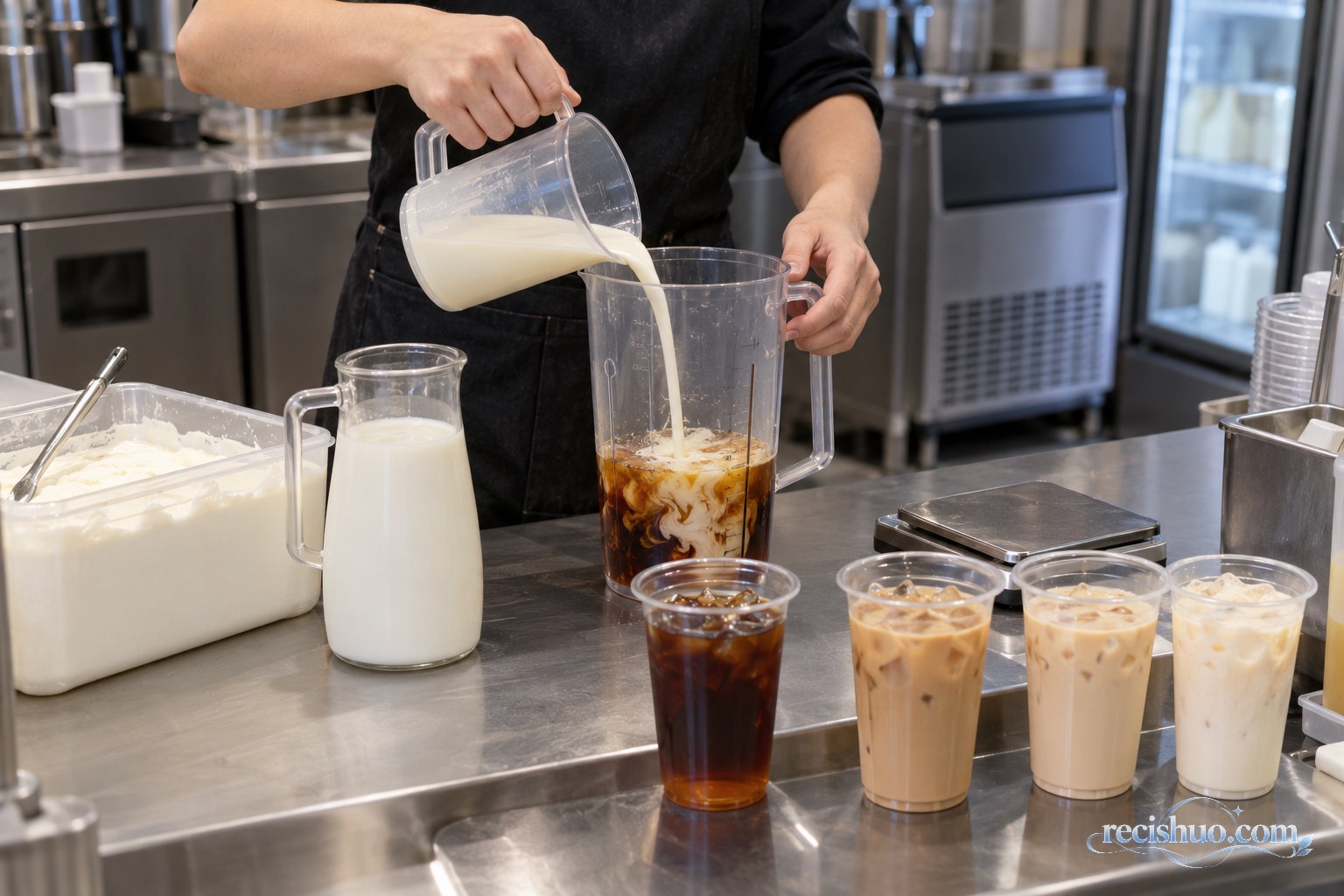 现制饮品门店工作人员将乳品原料加入茶汤进行调配