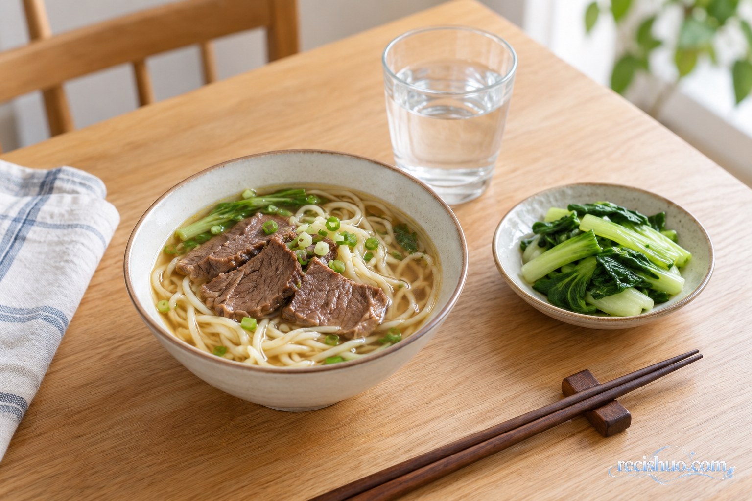 自然光餐桌上的适量牛肉面、焯青菜和一杯温水
