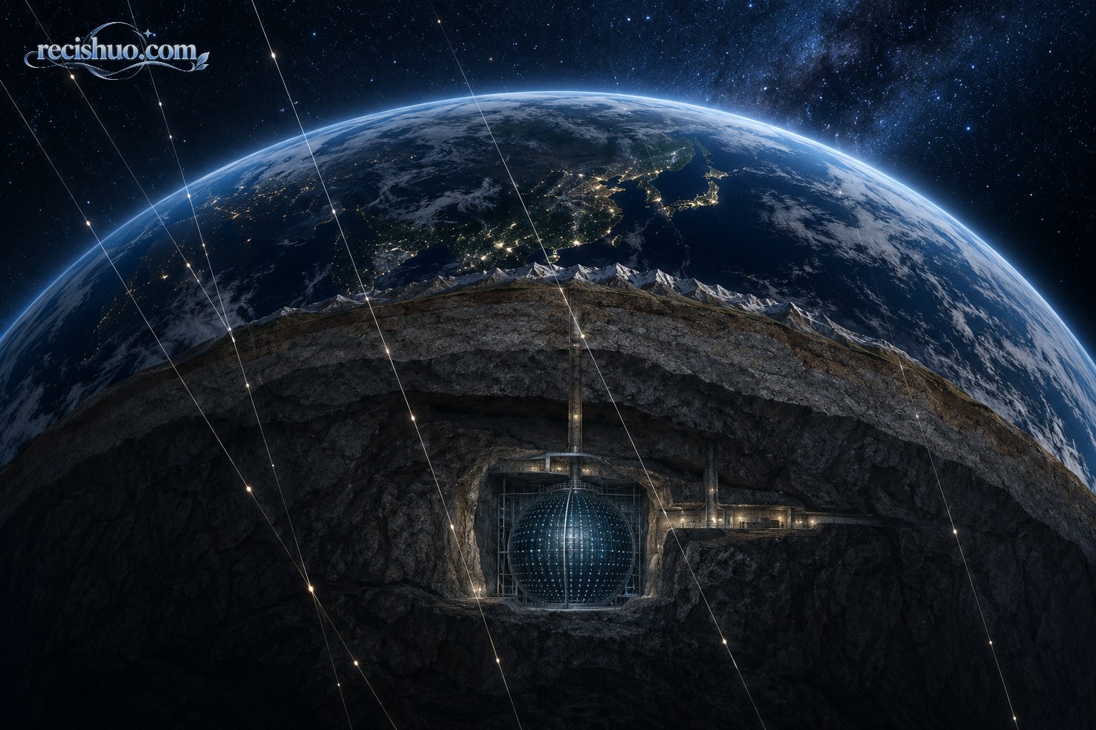 中微子细微轨迹穿过地球并抵达地下探测设施的科学视觉图