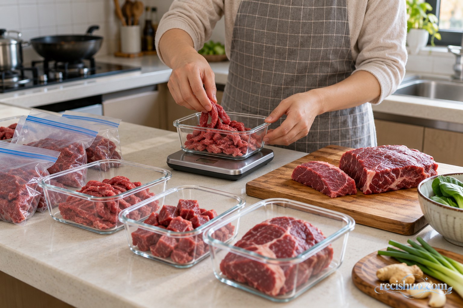 家庭在厨房使用电子秤将鲜牛肉按餐分装