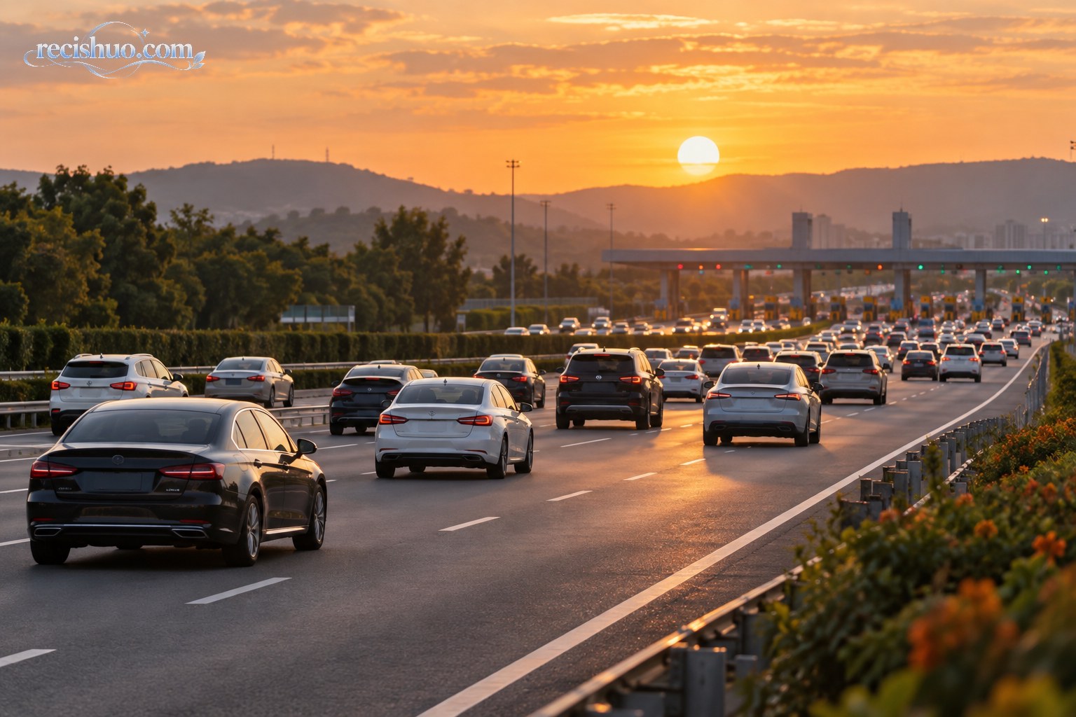 夕阳下多辆汽车有序驶向高速公路收费站