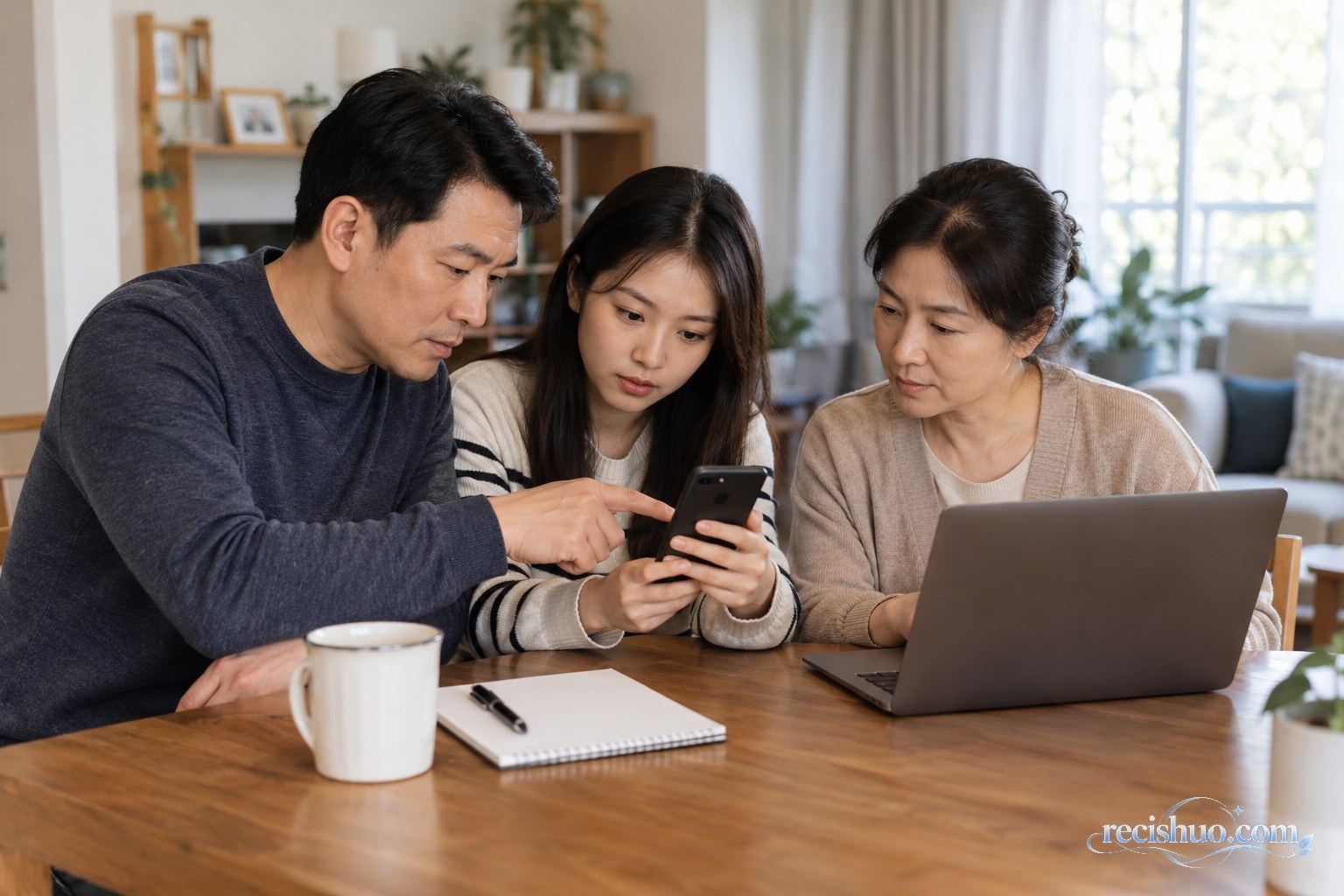 一家人共同核对陌生来电和转账请求以防范电信网络诈骗