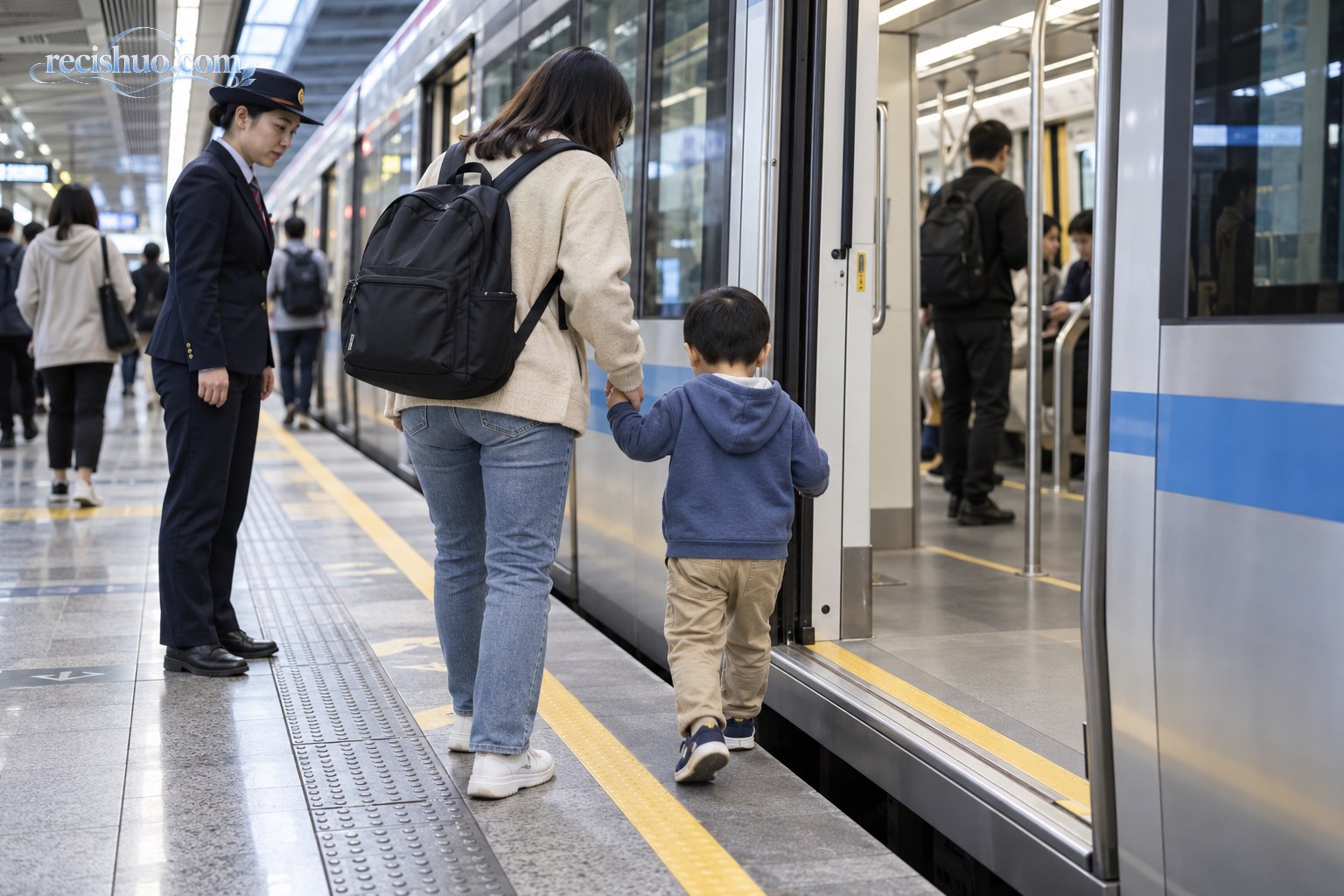 成年人牵着幼童在站务人员关注下安全登上城市轨道交通列车