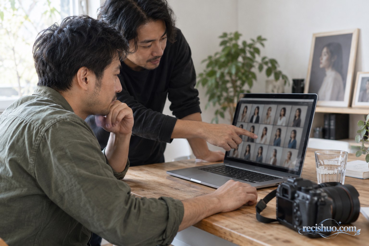 两名成年男性在自然光工作室中通过电脑共同挑选肖像照片