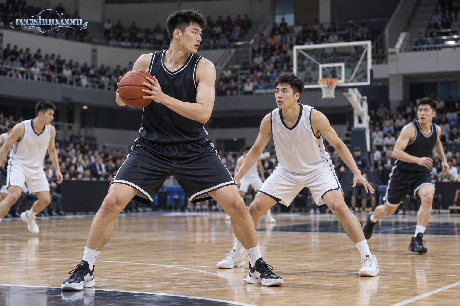 年轻中国内线球员在室内篮球场高位持球观察队友跑位