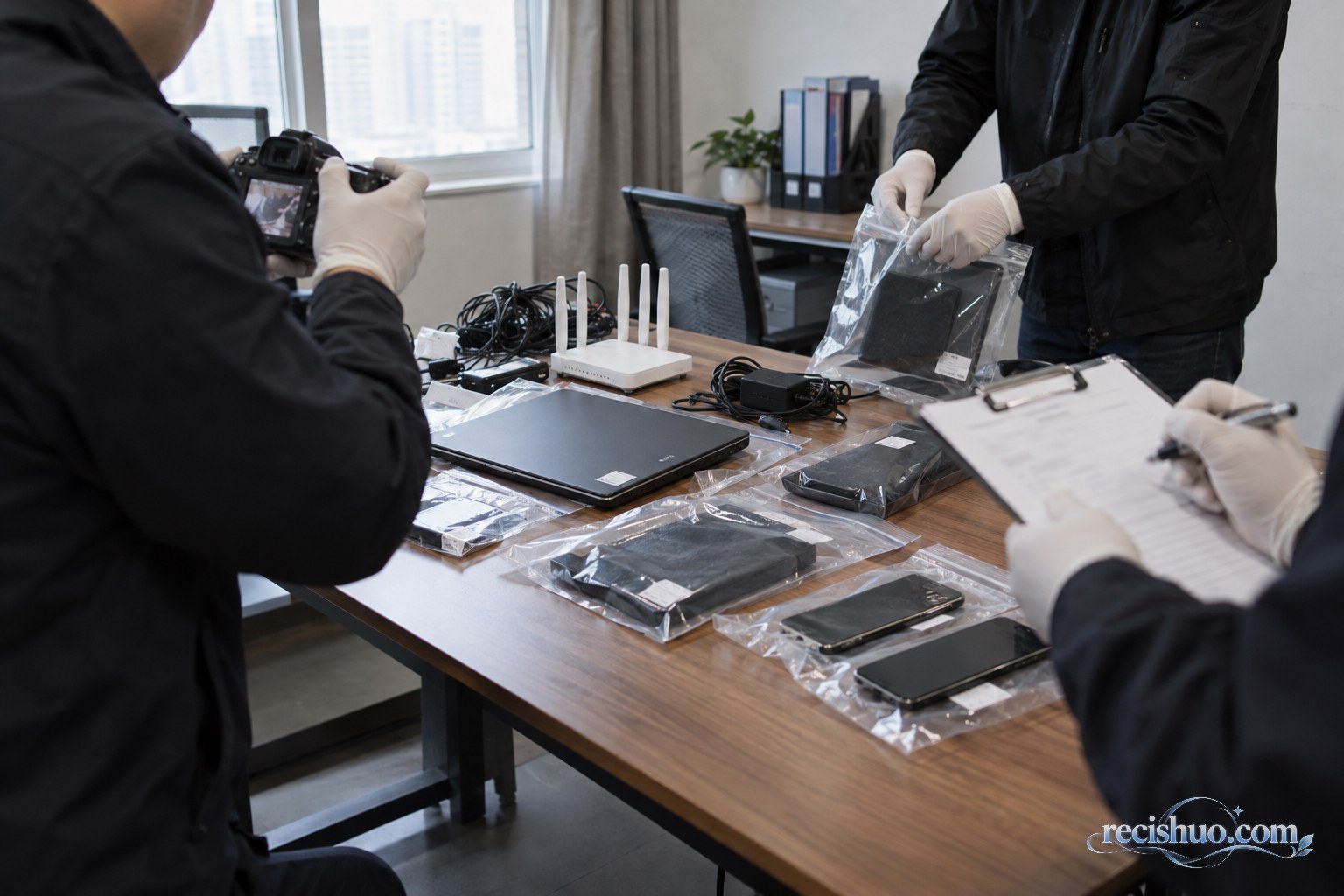 调查人员在室内对电脑、手机和网络设备进行拍照登记与封存