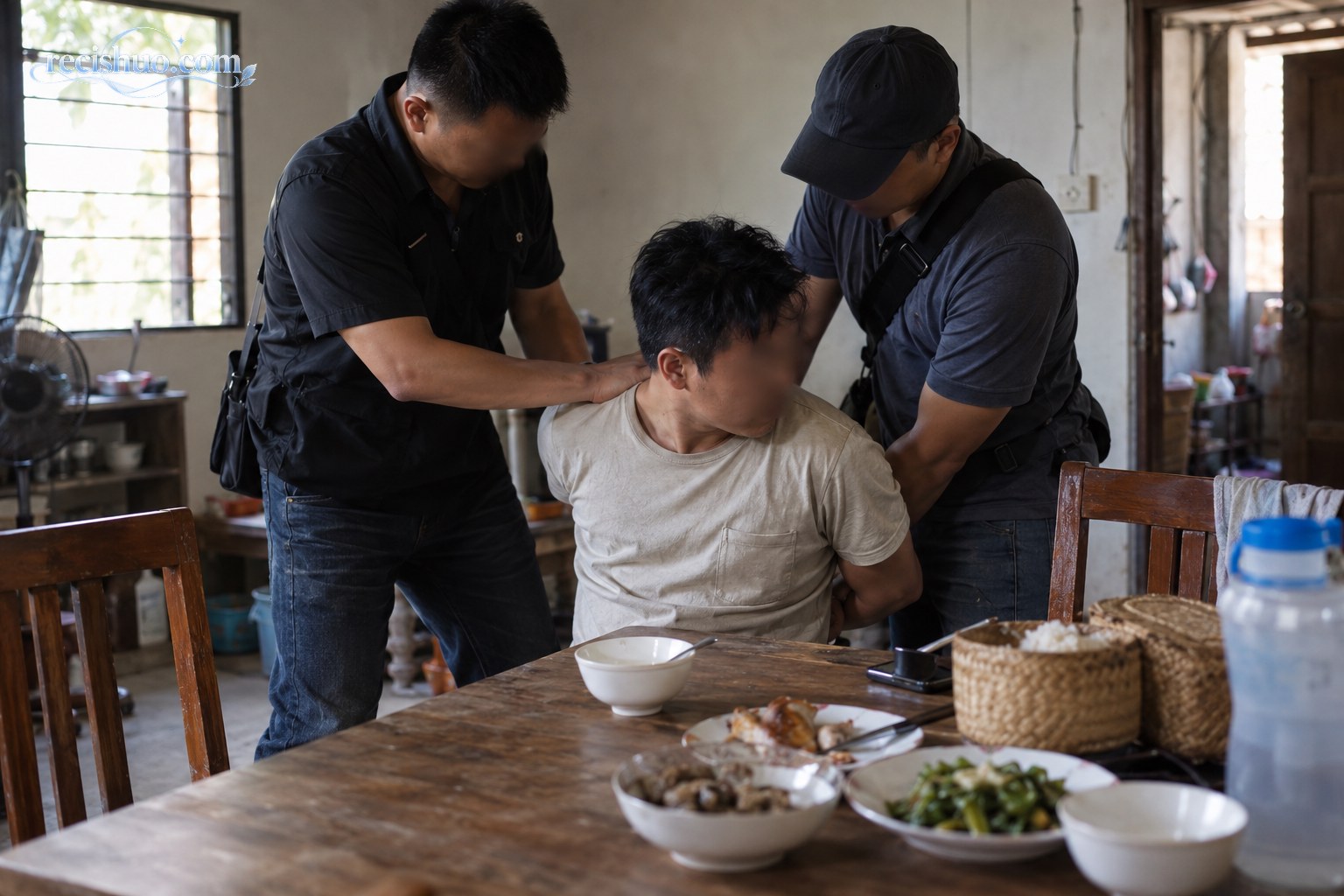 执法人员在简朴餐桌旁依法控制一名涉诈嫌疑人的纪实场景