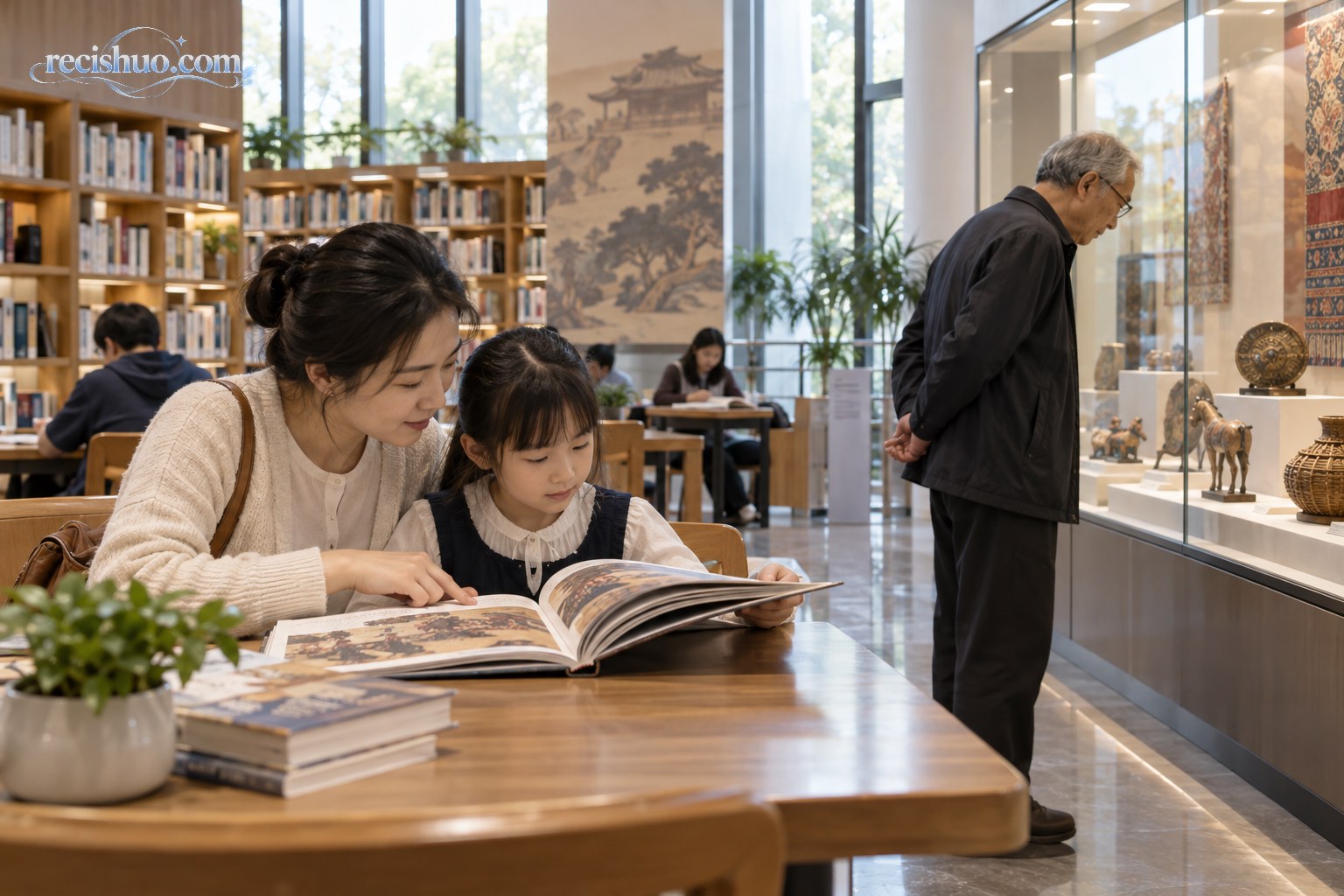 母女在公共图书馆共读历史文化图册,老年读者参观传统工艺展柜