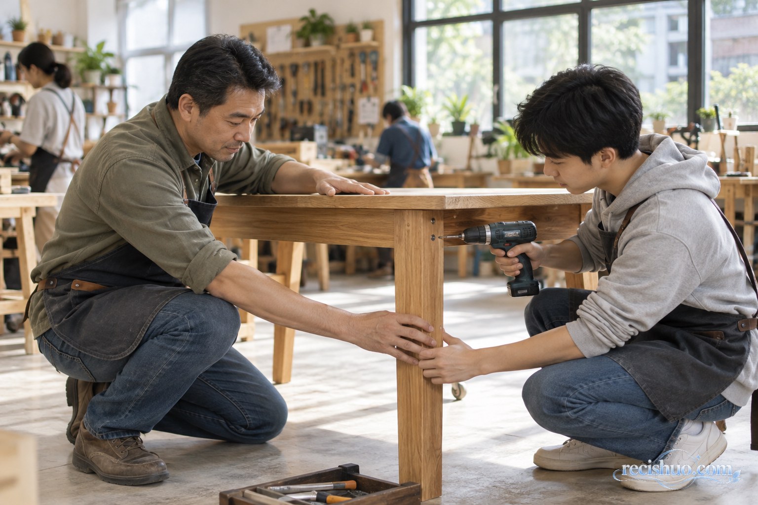 社区共享工坊里两个人协作安装木桌,一人稳住桌腿、一人使用工具固定