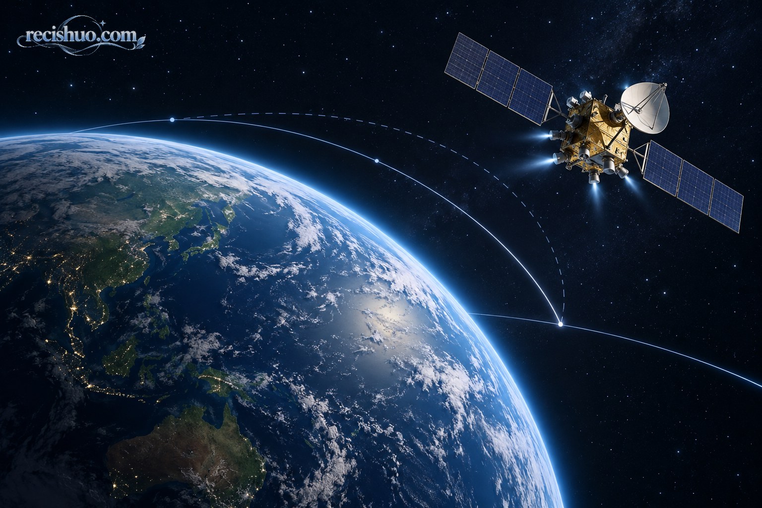 导航卫星利用小型推力器组合调整轨道的原理示意图