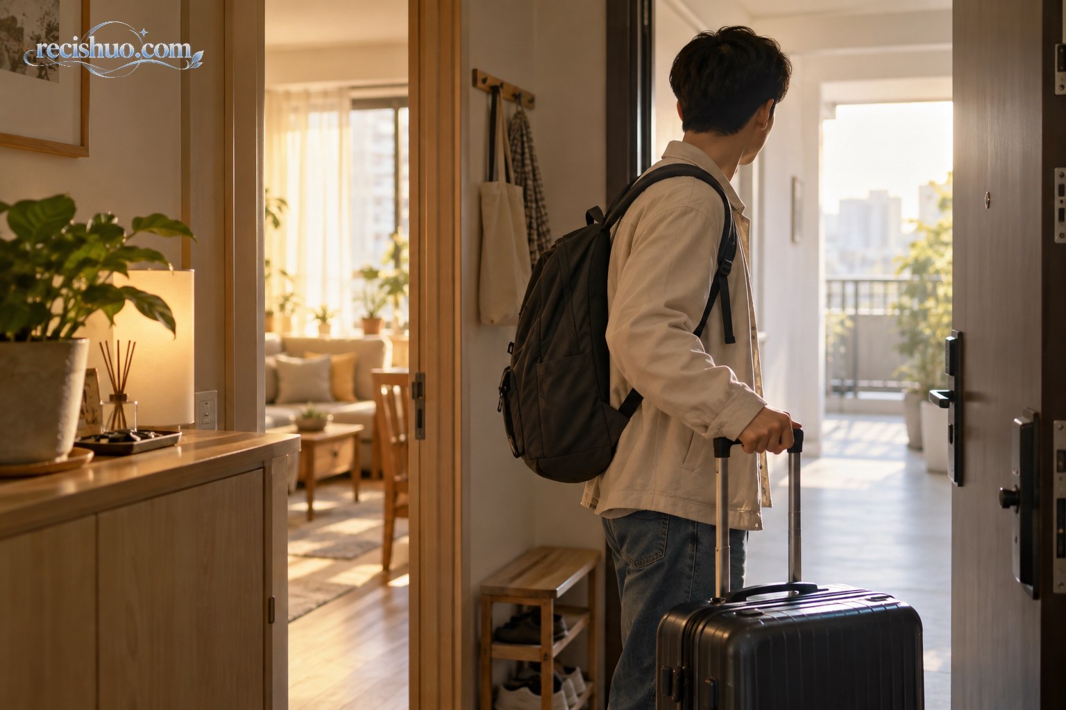 清晨,一名年轻旅客带着背包和旅行箱站在家门口回望温暖的室内