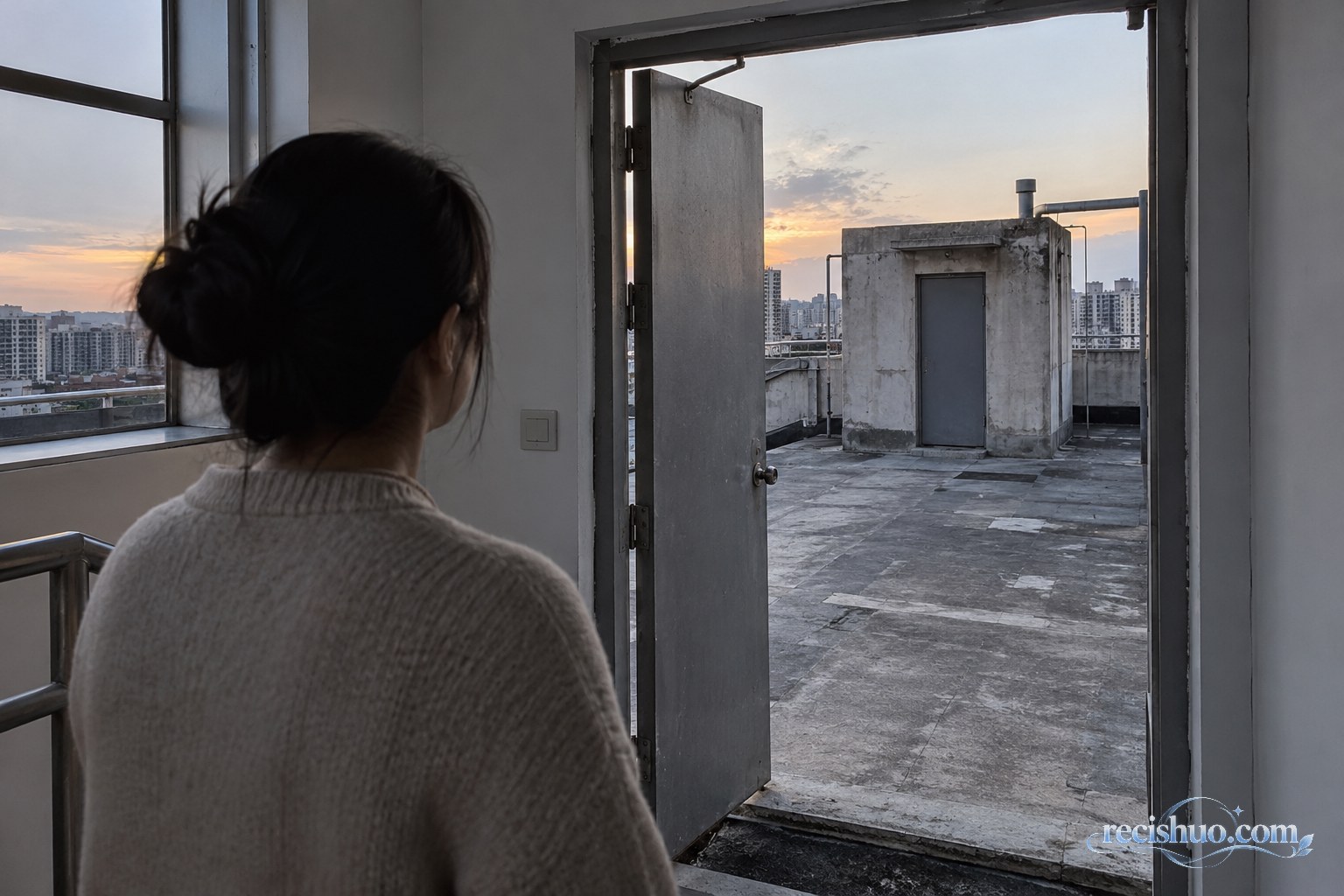 成都城市住宅顶层,一名成年业主从室内望向通往天台的门