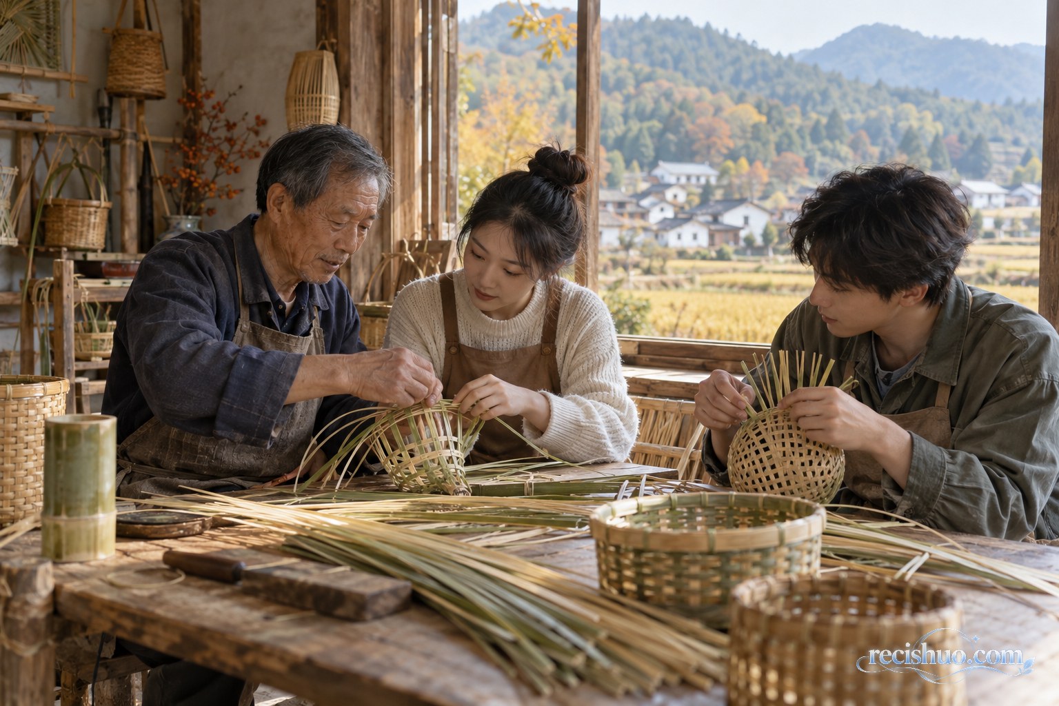 旅行者在秋日山村手工坊跟随当地手艺人体验竹编