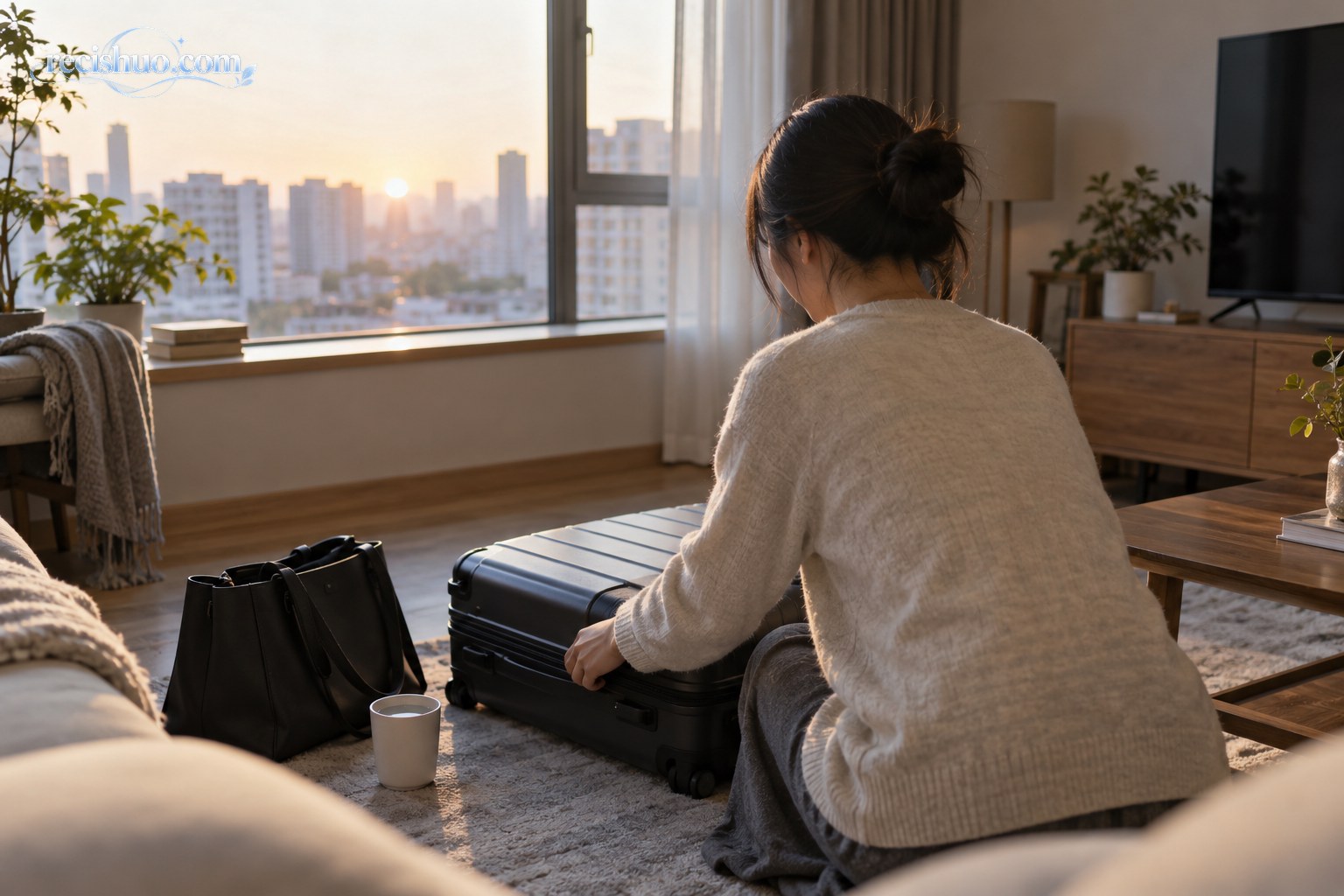 清晨城市住宅里,一名年轻人整理旅行箱并准备恢复通勤生活