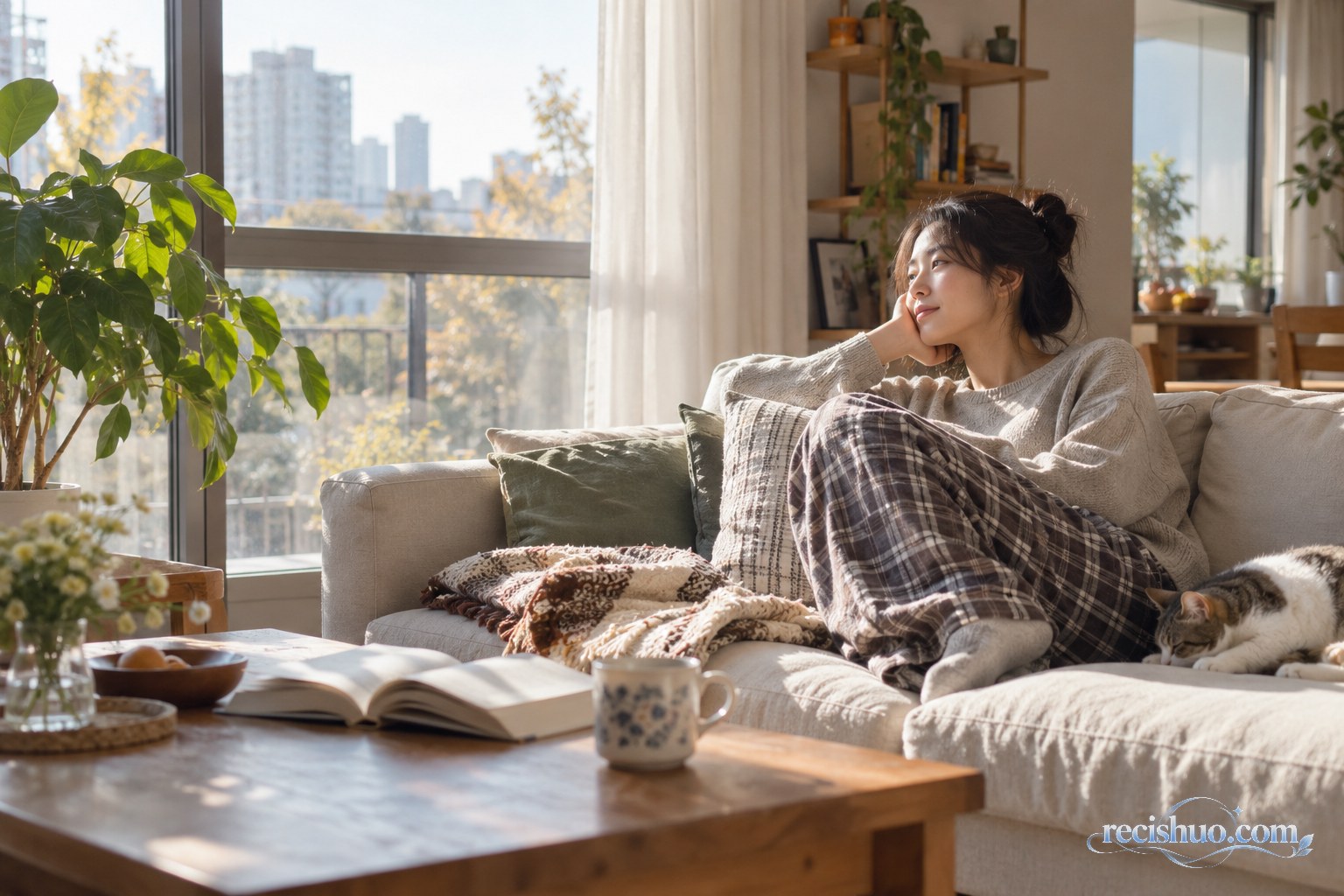 年轻人在秋日晨光照进的客厅里靠坐沙发安静休息