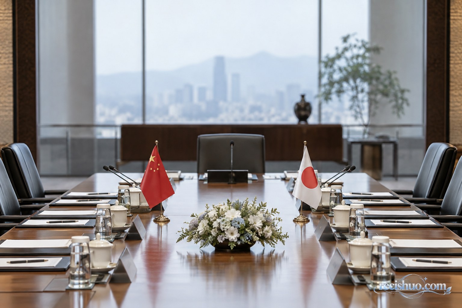 现代会议空间内相对摆放的中日两国小型国旗与文件夹