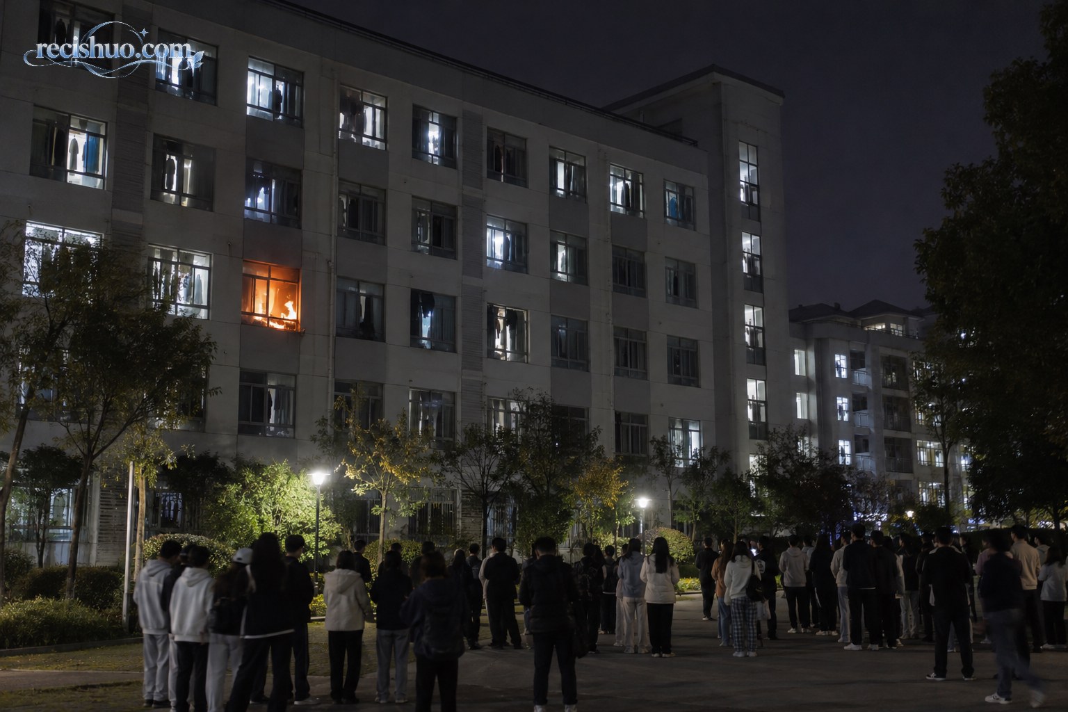 夜间学生公寓一处房间出现局部火情,学生在楼外安全区域集合的示意画面