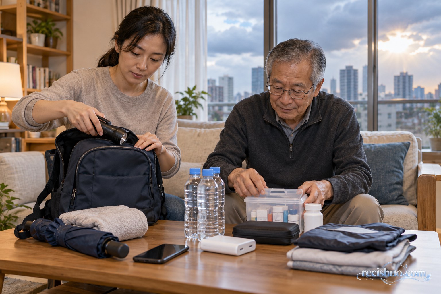 城市家庭在客厅整理手电筒、饮用水和常用药等应急用品