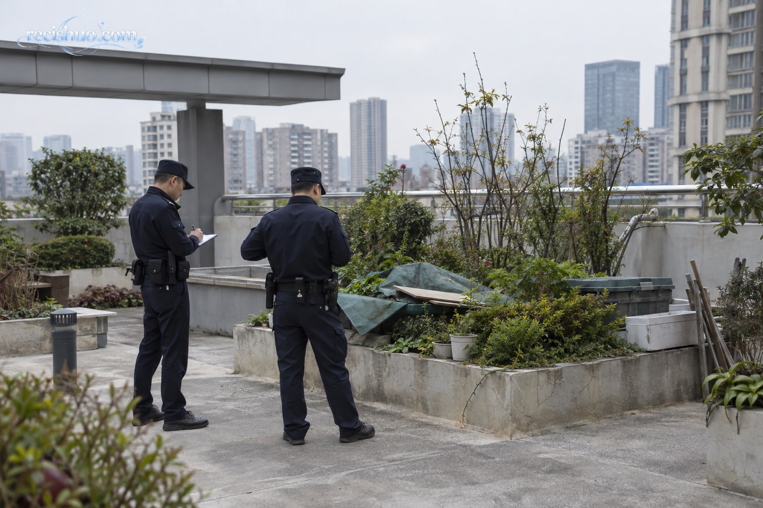 警务人员在城市住宅楼顶核查被杂物覆盖的花坛