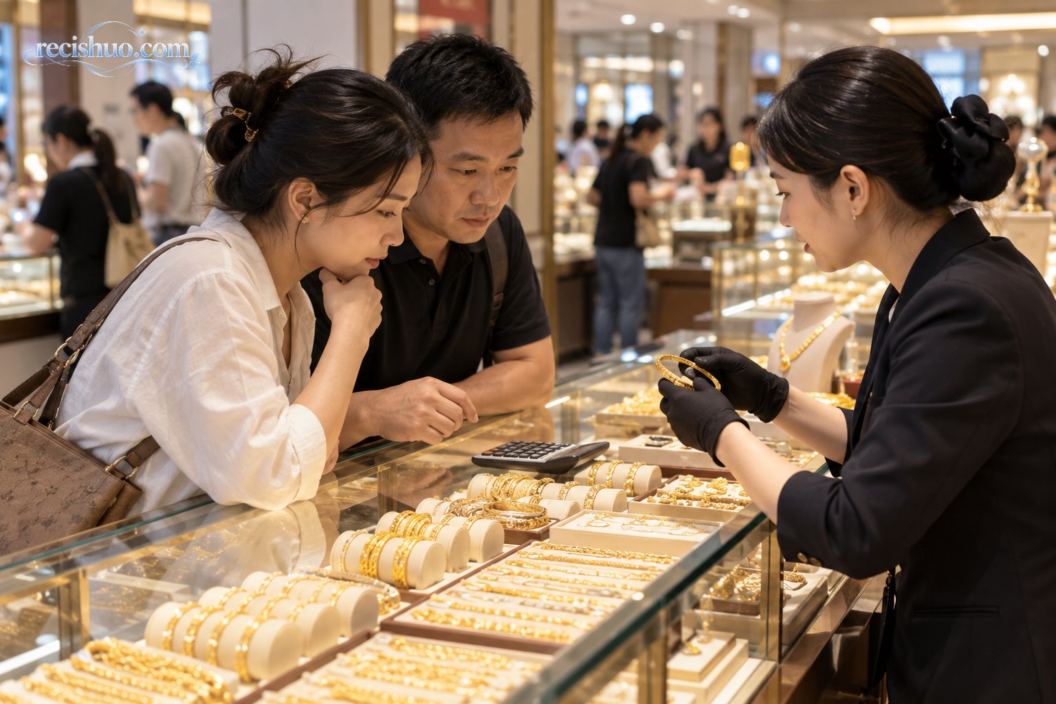 消费者在水贝黄金珠宝柜台前理性比较金饰款式