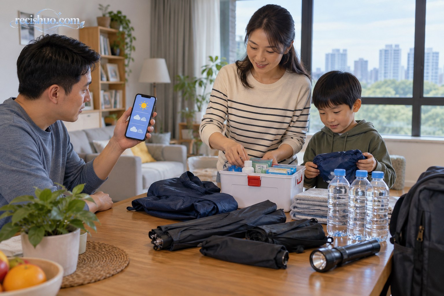 一家人在家中整理雨具、药箱和照明用品