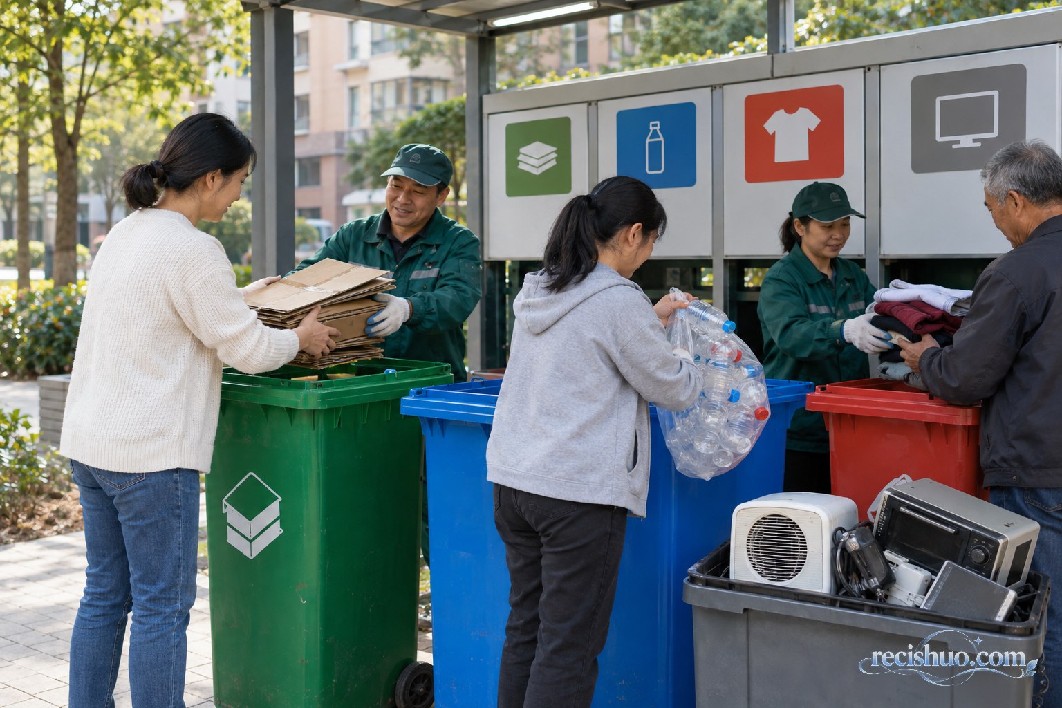 居民在社区回收点分别交投纸箱、塑料瓶、旧衣物和废旧小家电