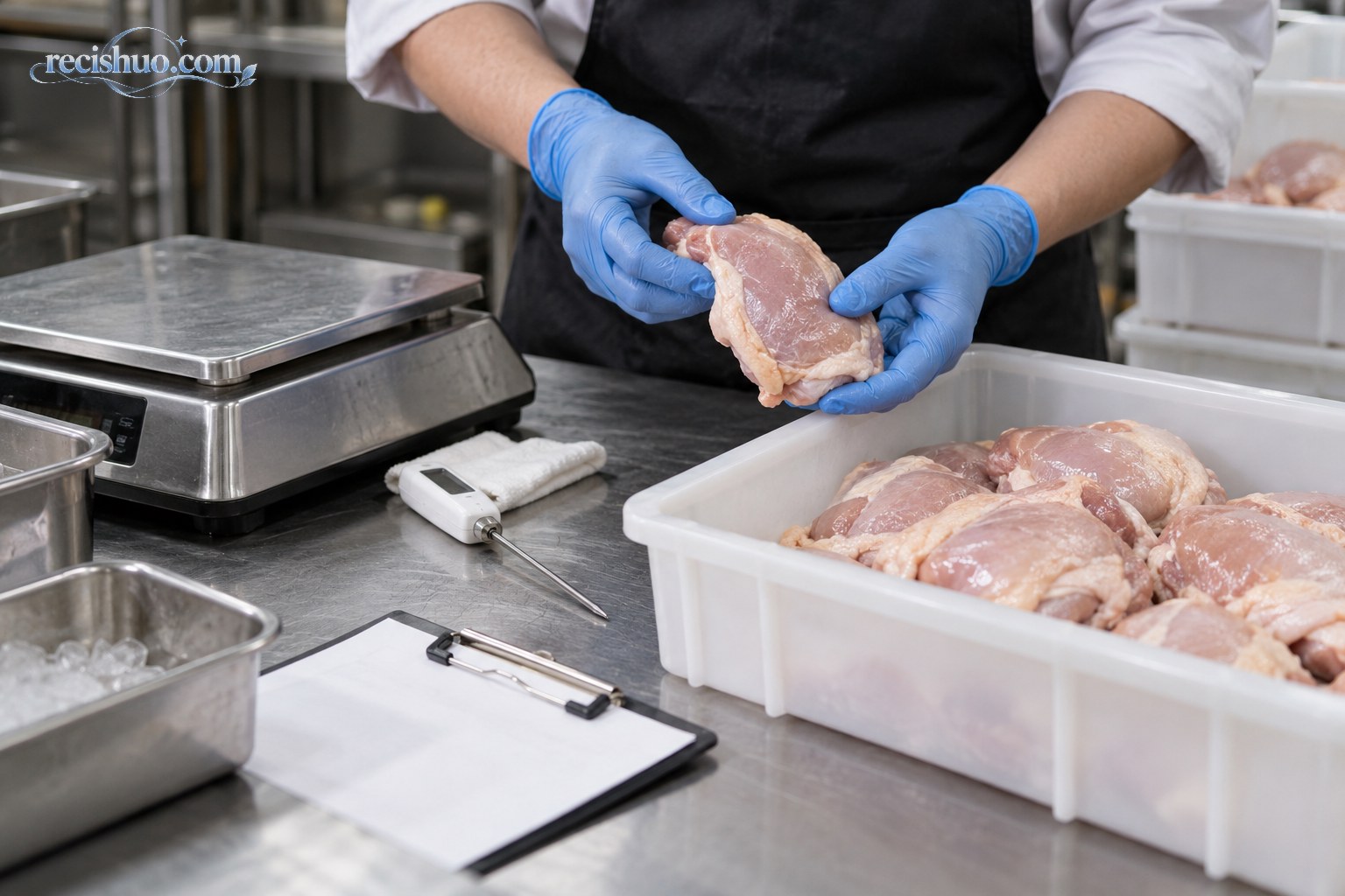 餐饮后厨工作人员使用电子秤和温度探针检查鸡肉原料