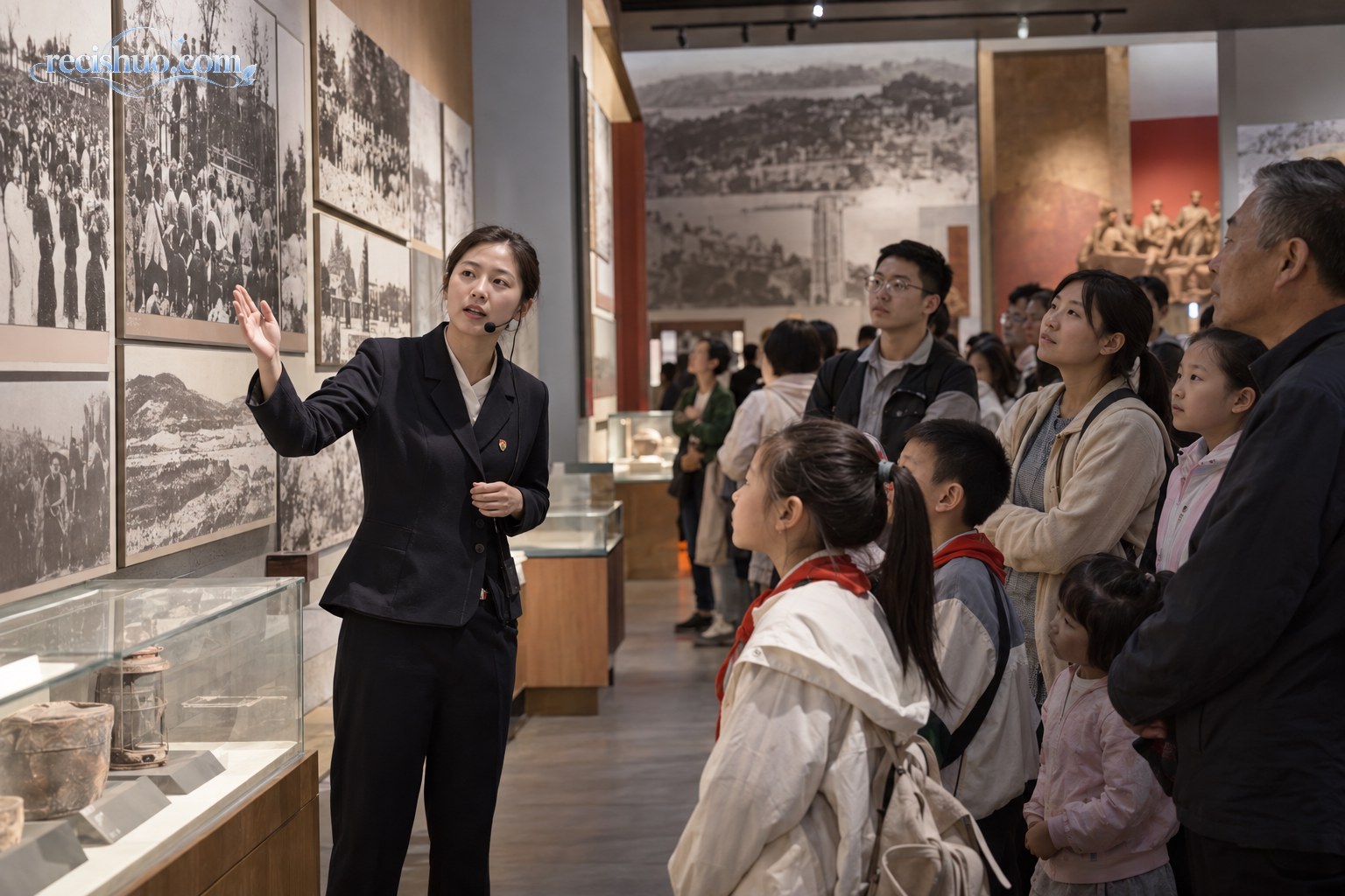纪念展馆内,讲解员带领学生和家庭游客观看历史影像展陈