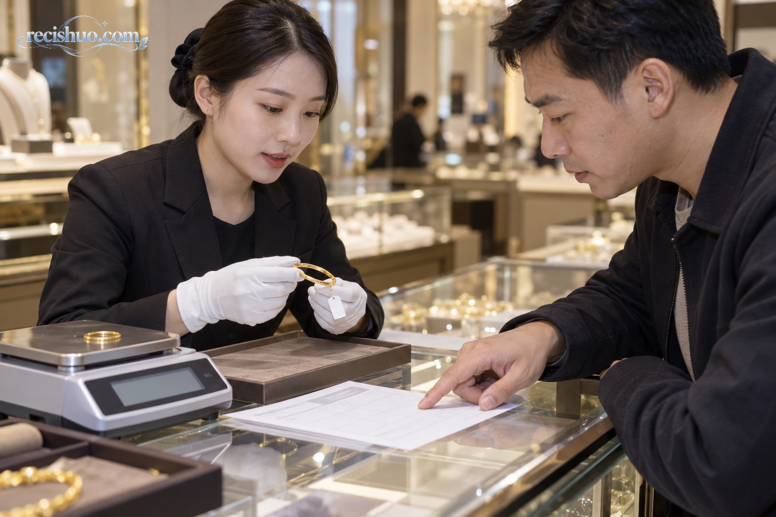 顾客与柜员共同核对金饰标签、称重设备和交易凭证