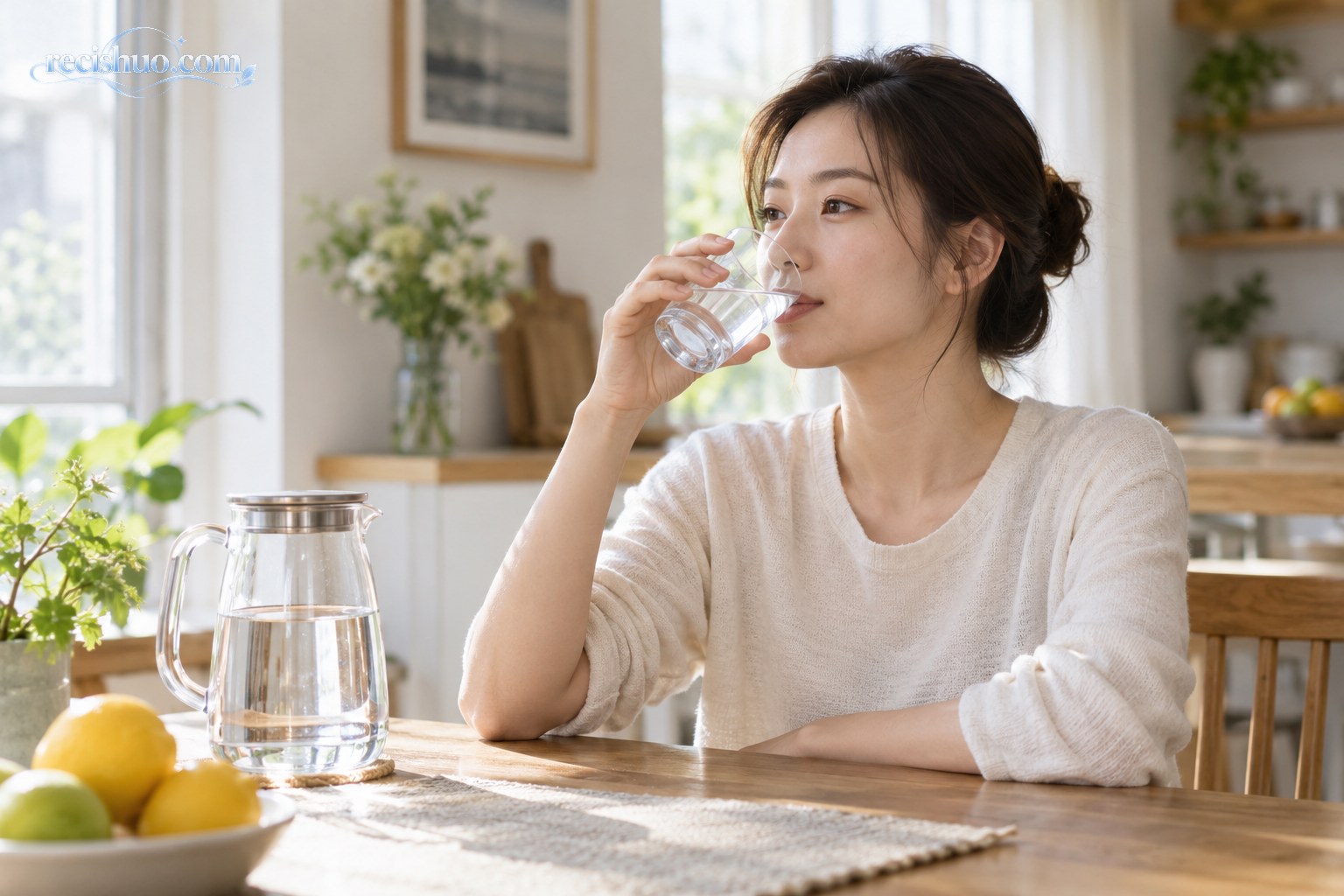 一名女性在明亮的居家餐桌旁用玻璃杯平静地小口喝白水