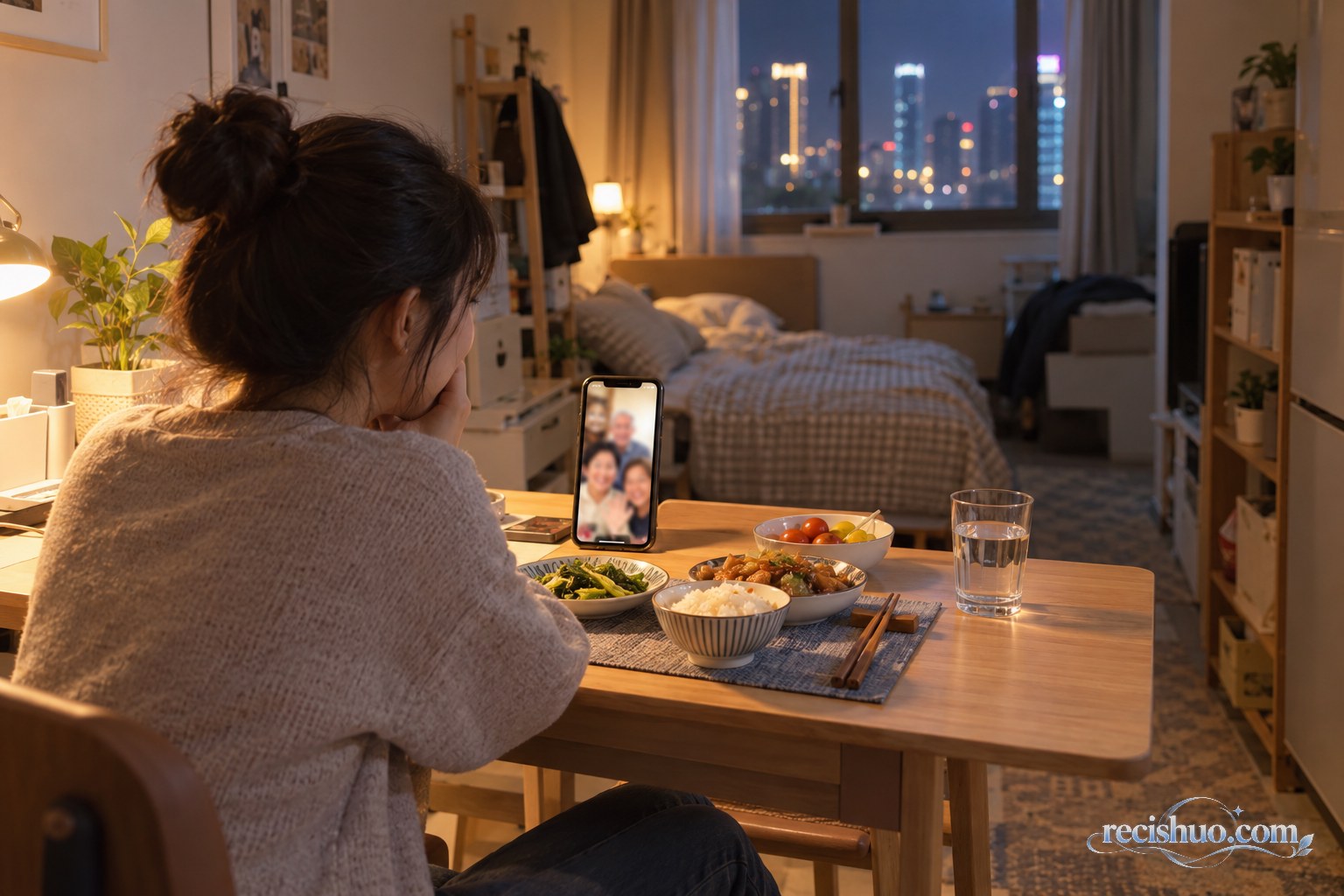 独居年轻人在出租屋吃晚饭时与家人视频通话