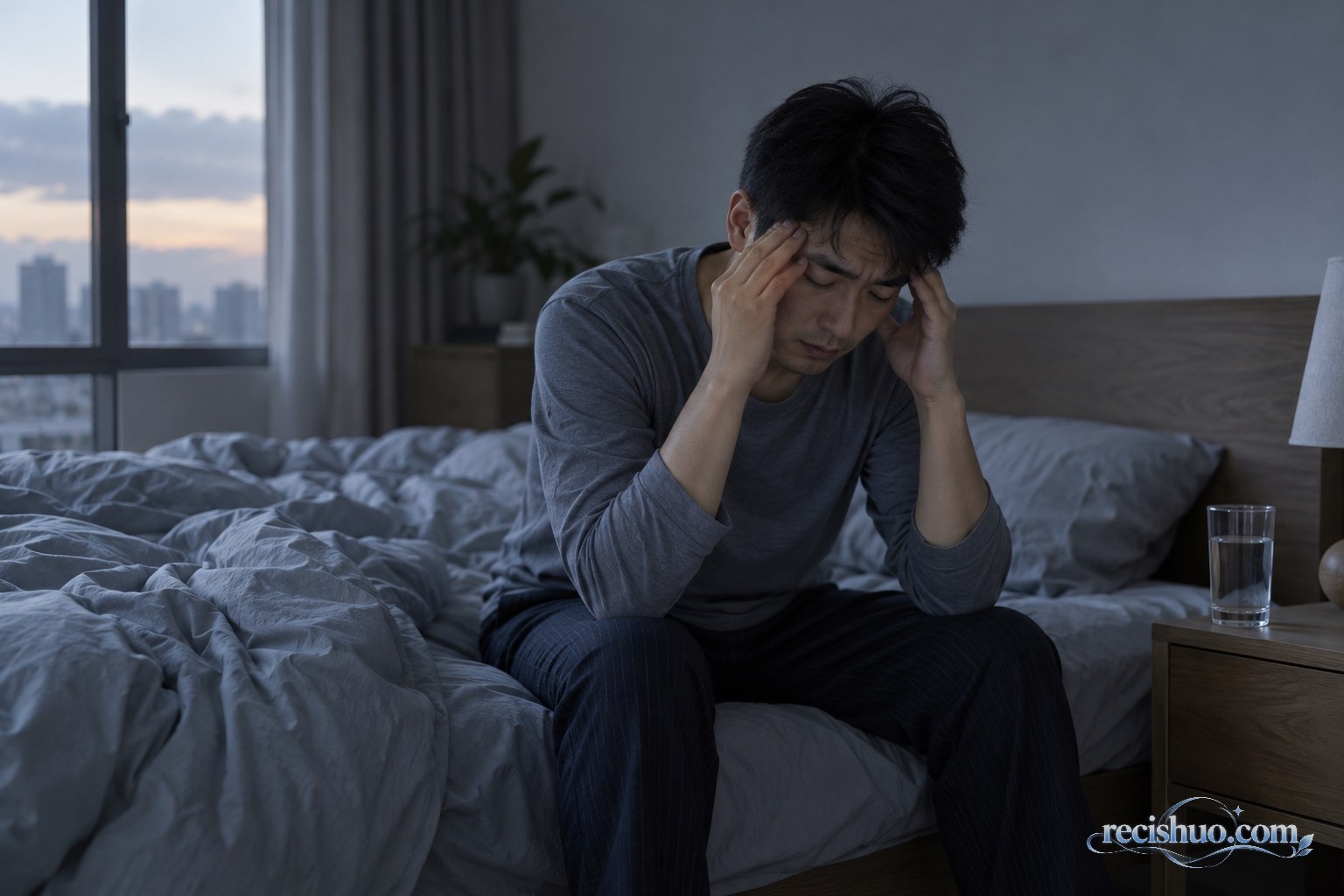 清晨卧室里,一名疲惫男子坐在床边揉着太阳穴