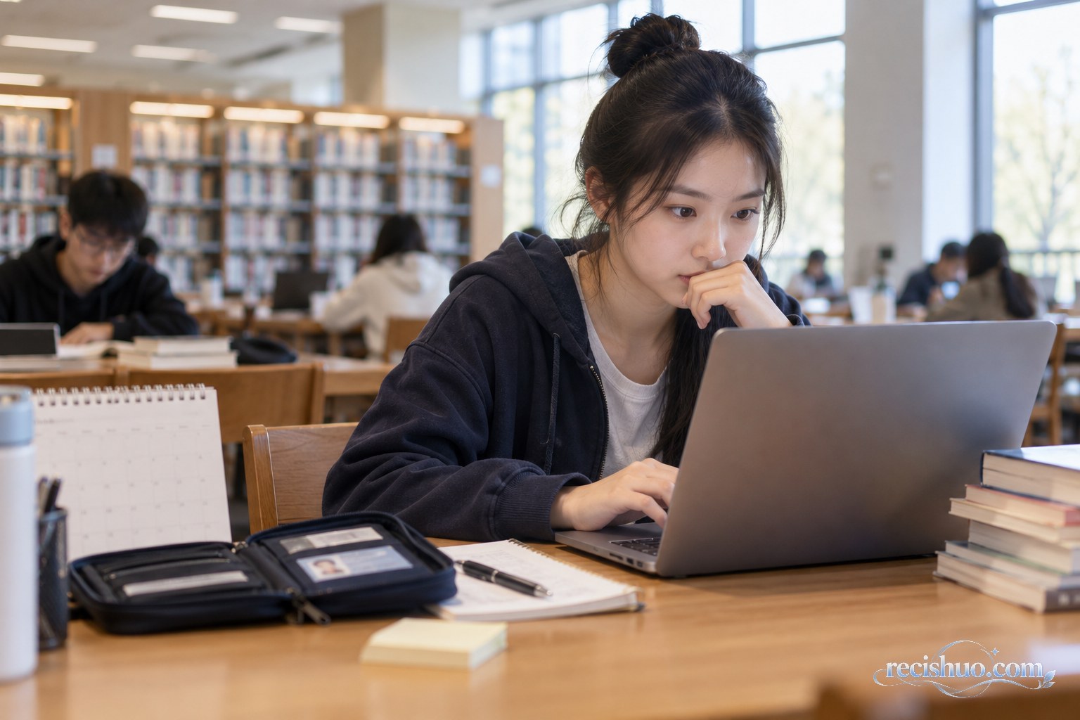 大学生在图书馆使用笔记本电脑准备考研预报名