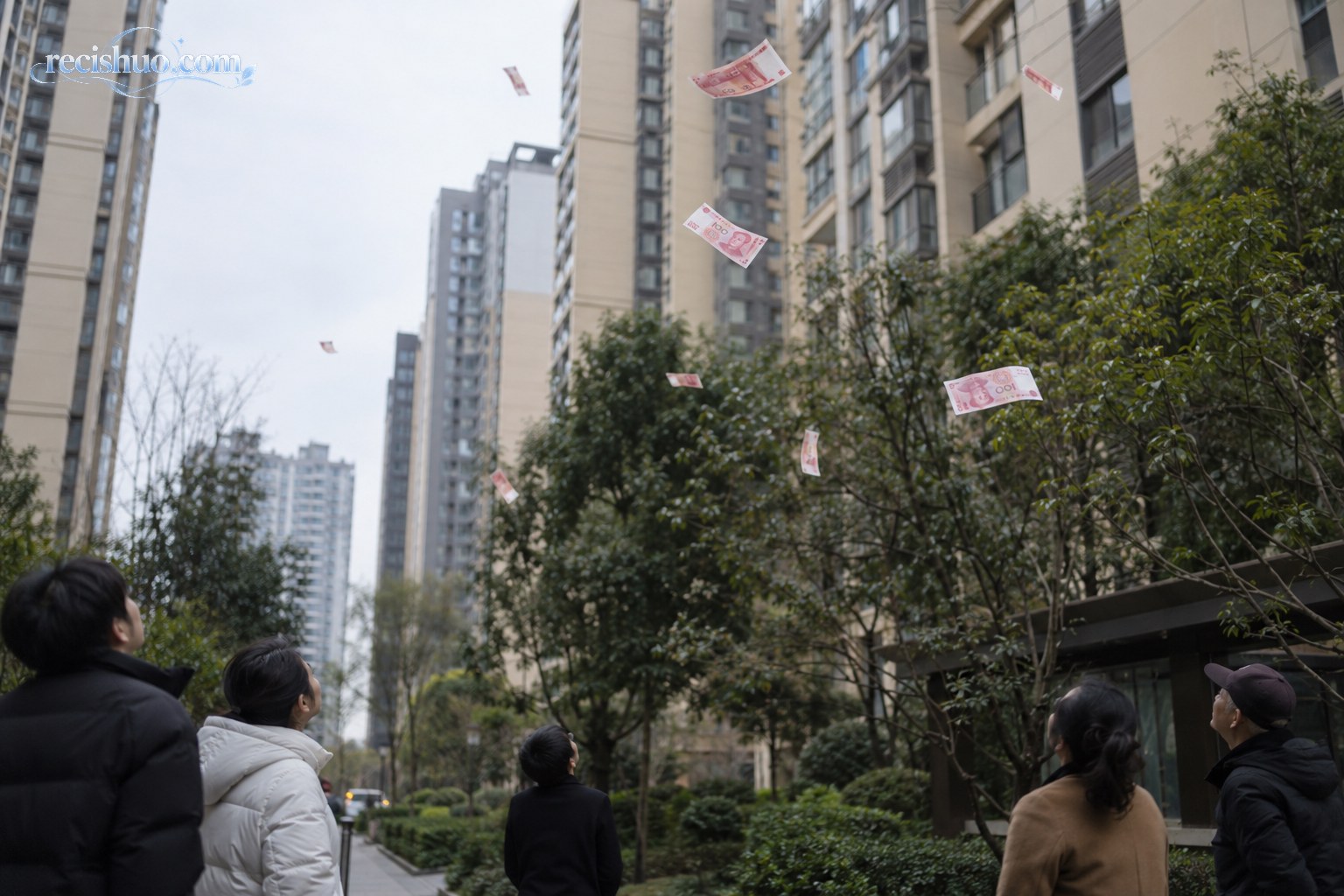 住宅楼之间有少量百元钞票从空中飘落,地面居民在安全位置抬头观察