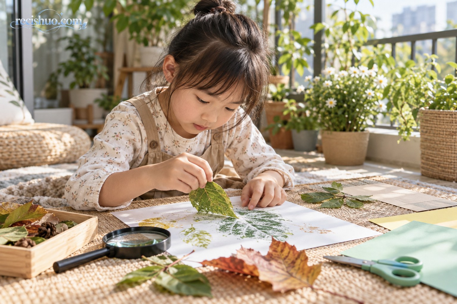 孩子在阳光充足的家中用落叶进行植物拓印