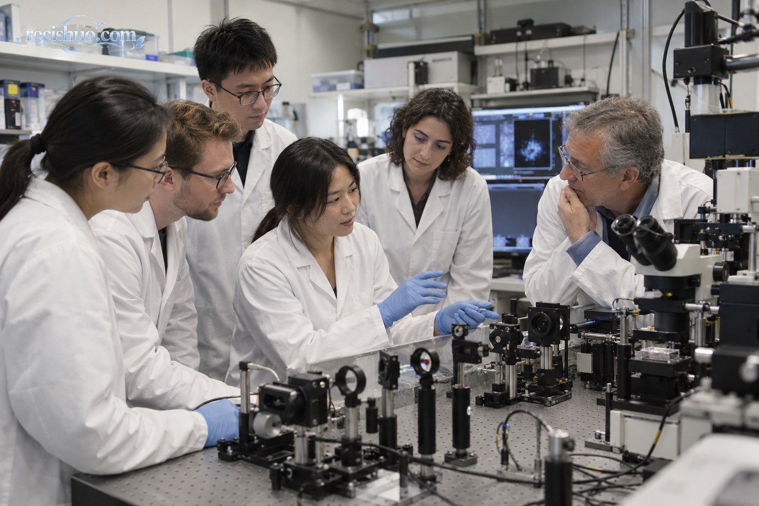 大学实验室研究团队围绕光学实验设备讨论研究方案