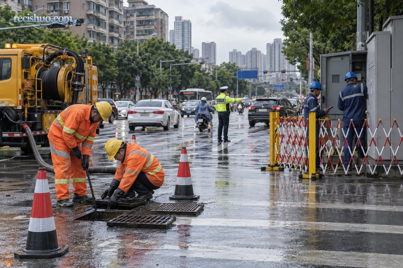 雨后市政排水、电力巡检与交通疏导人员协同作业
