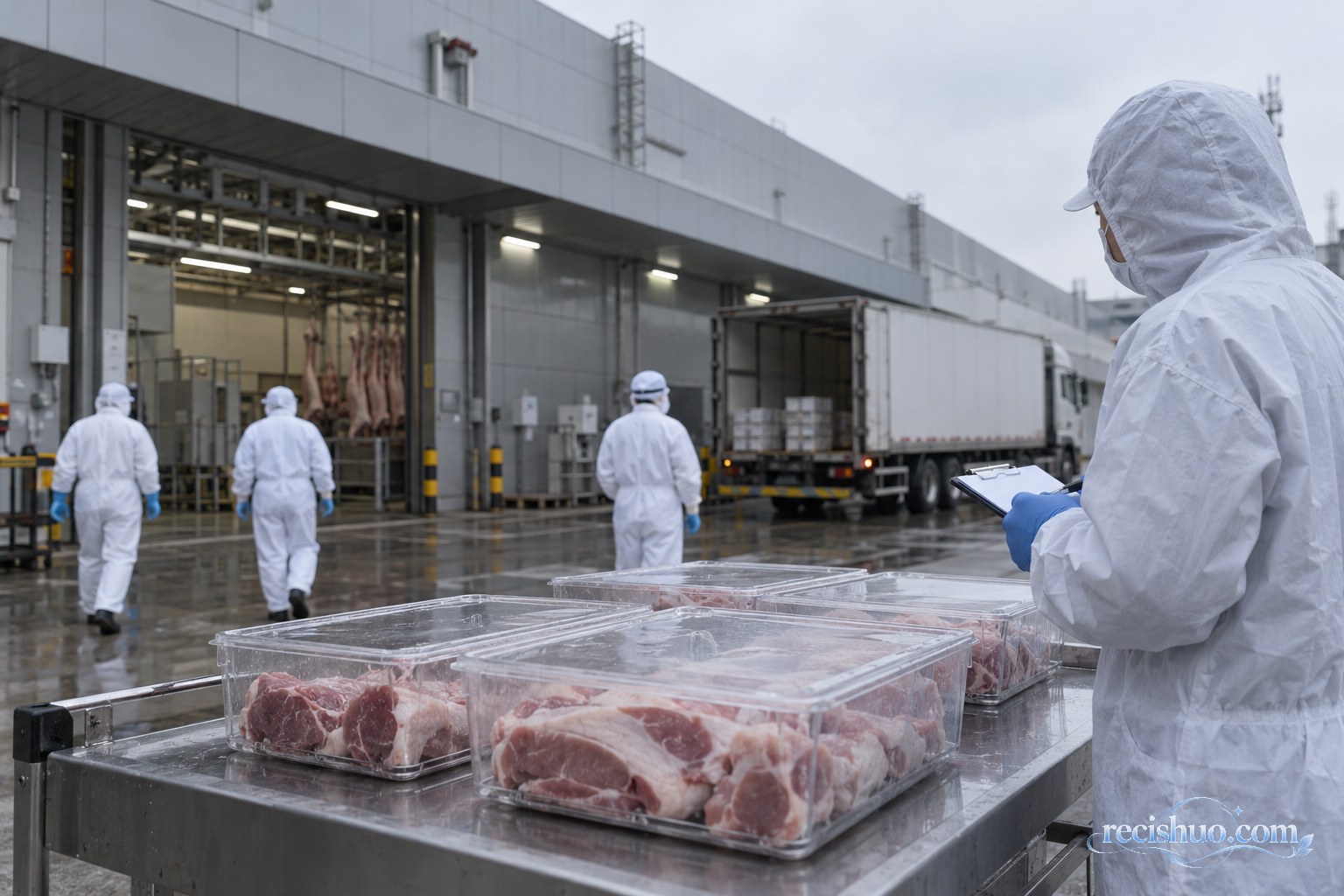 肉制品工厂外的质检人员正在查看密封猪肉样品