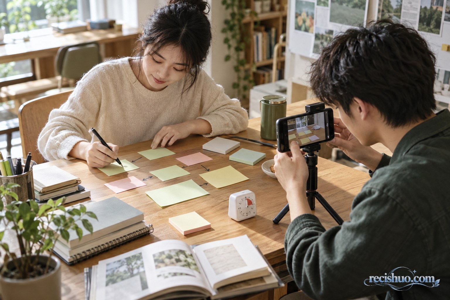 两名年轻人用便签和手机共同整理知识短视频的内容结构